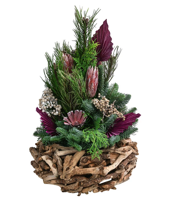 Grabgesteck In Wurzelholz-Schale, Rund, Pink, Ca. Ø35/H60 Cm 1 Grabgesteck In Wurzelholz-Schale, Rund, Pink, Ca. Ø35/H60 Cm